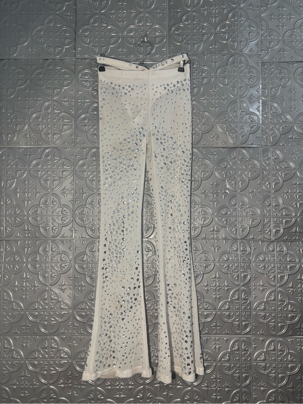 Embellished White Flare Pants with Rhinestone Detail
